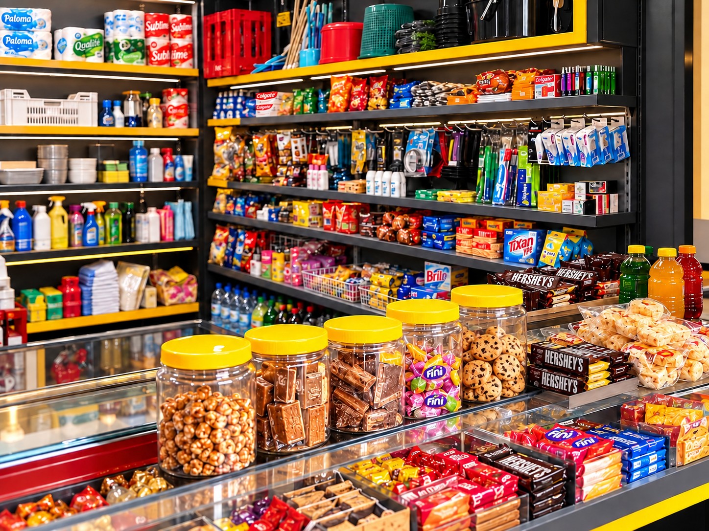 Composição publicitária de balcão com doces, snacks e itens de conveniência